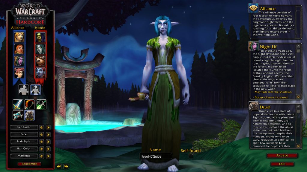Wow Hardcore Druid selection on create a character menu