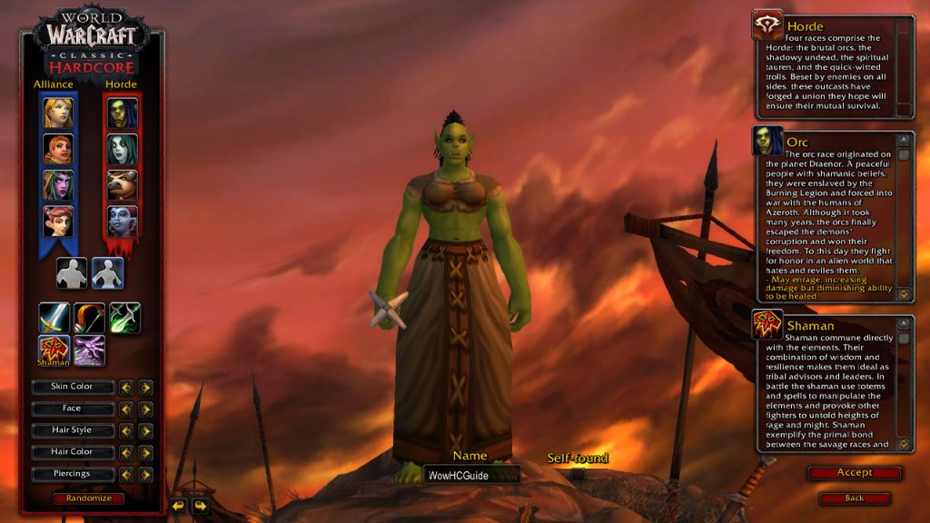 Wow Hardcore Shaman selection on create a character menu